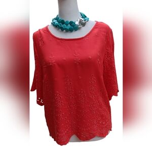 Orange-red embroidered short sleeve top --  size Medium